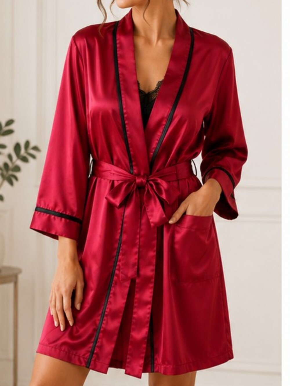 Linea Donatella Satin Robe with Heart Embroidery & Black Trim | Size M